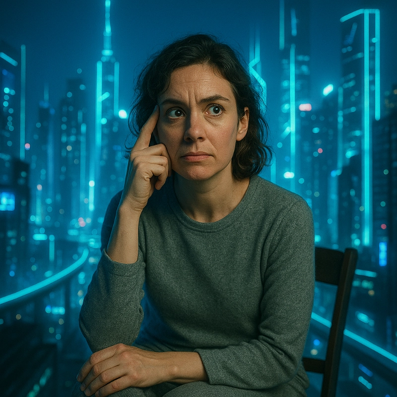 thinking expression. Ultra futuristic glowing city